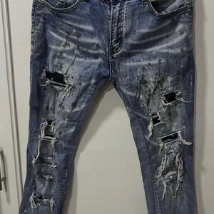 AMIRI Blue and Black Distressed Skinny Jeans